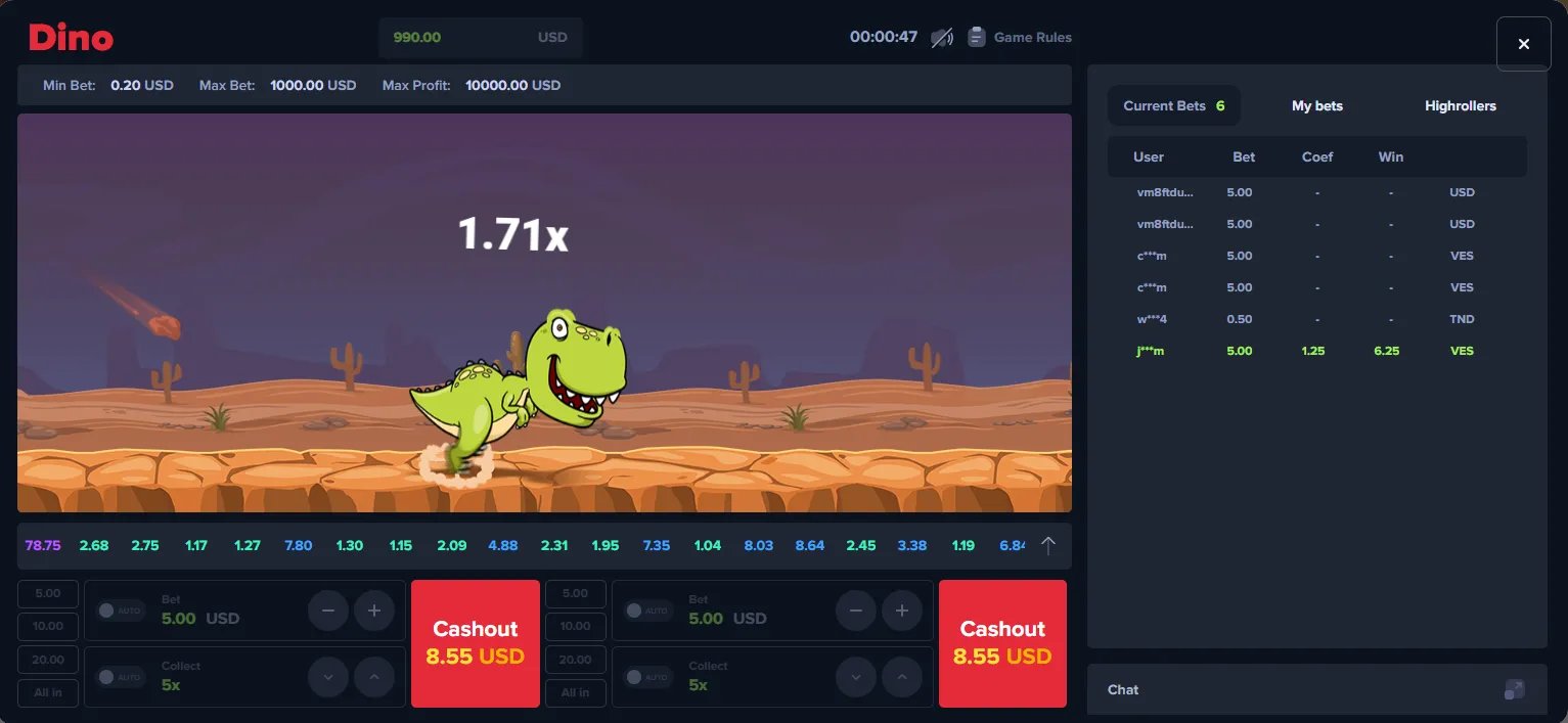 Dino minigame screenshot — Cash-out decision